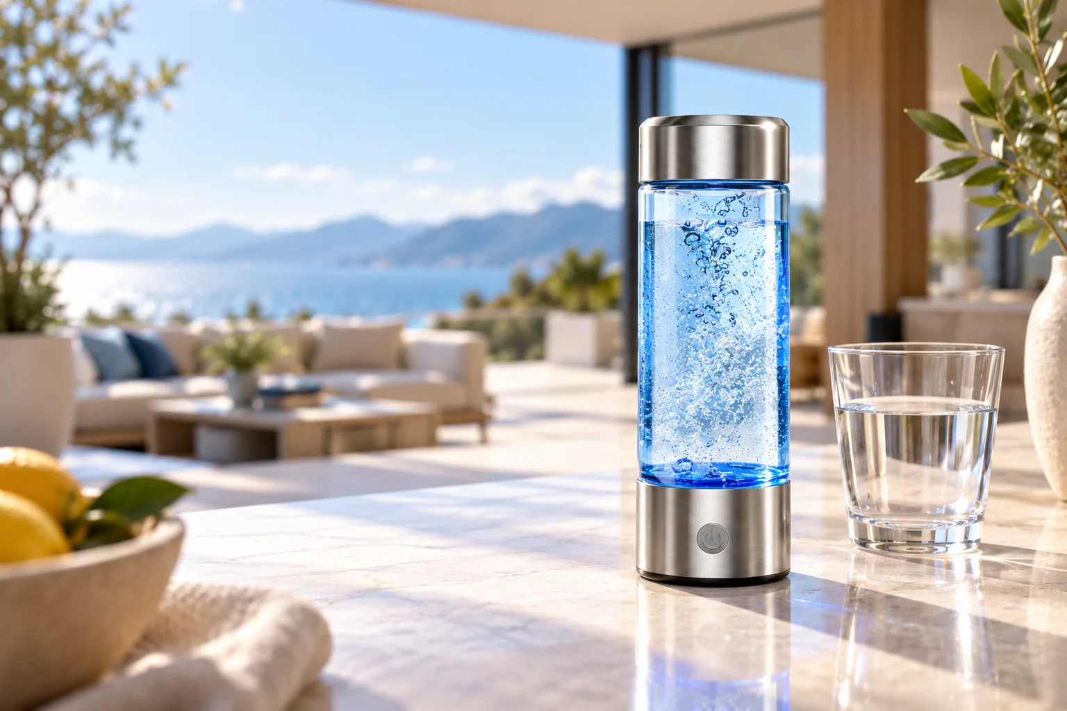 Illustrative AquaFusion-style bottle on a bright counter beside a glass of water